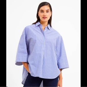 French Connection Rhodes Poplin Blue White Striped 3/4 Sleeves Blouse Size M